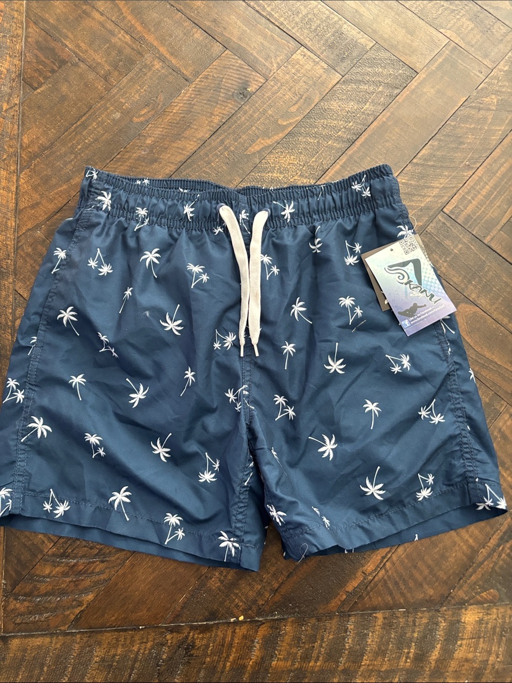 Men's Navy Palm-Print Swim Trunks with Drawstring Quick Dry Kanu Board